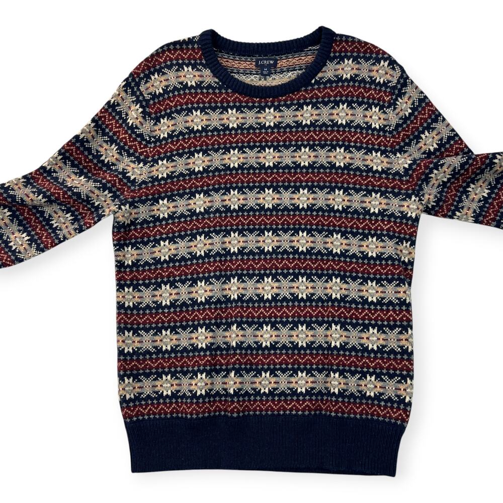 J Crew Mens Knit Crewneck Sweater Fair Isle Lambswool Blend Med Weight Sz Medium - Picture 11 of 14